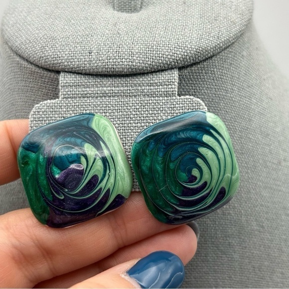 Vintage Large Square Green, Blue and Purple Enamel Swirl Painted Stud Earrings - Picture 2 of 6